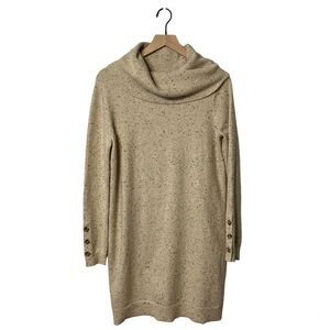 LOFT Cream Speckled Cowl Neck Sweater Dress with Button Sleeve Accents - Medium